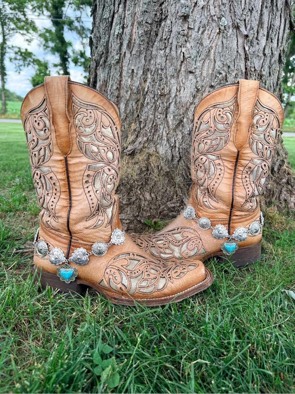 Western Boho Silver & Turquoise heart boot chain bracelets. Boots not for sale